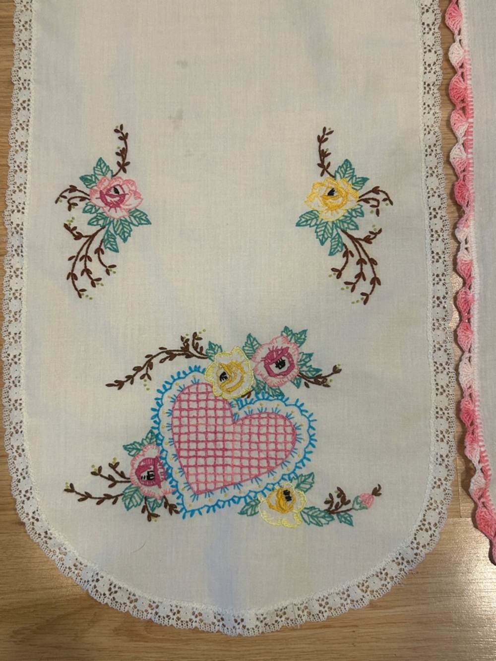 Embroidered Vintage-Style Table Runners - Floral & Pink Trim Qty 2 - Picture 2 of 14